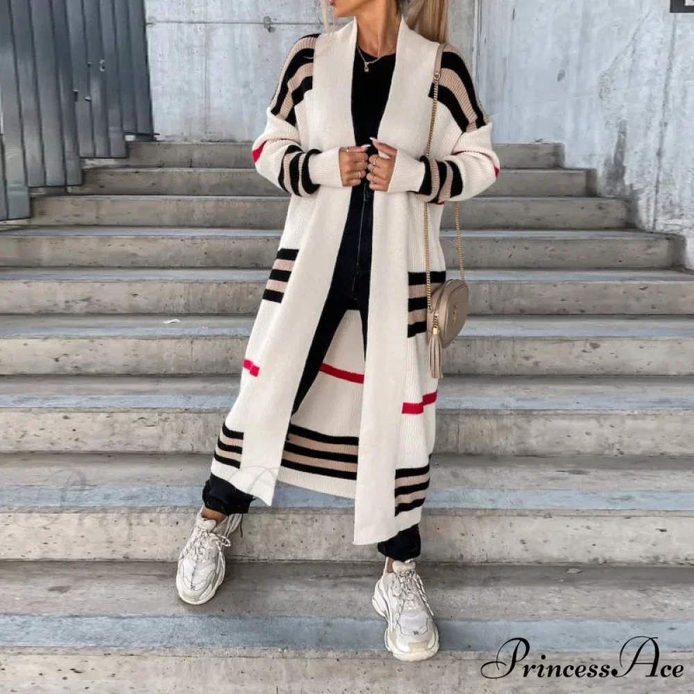 Casual Striped Color Matching Knitted Long Sweaters Cardigan - Image 5