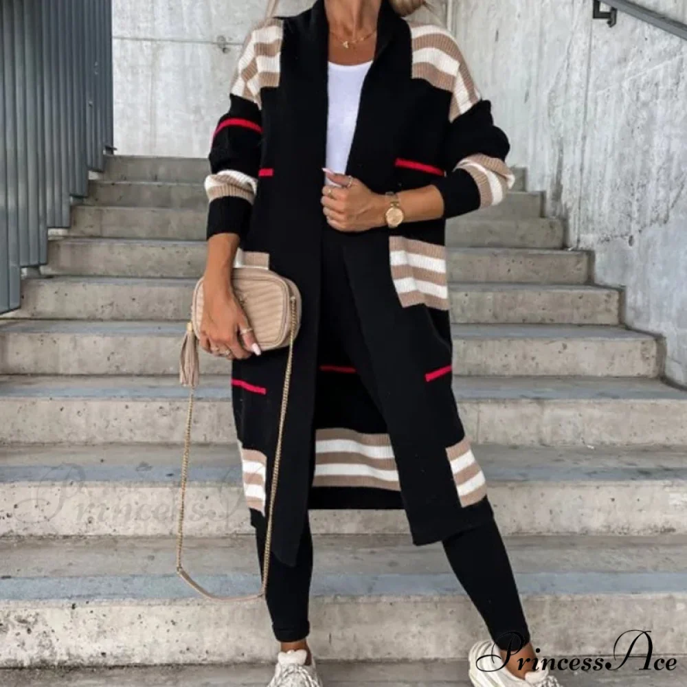 Casual Striped Color Matching Knitted Long Sweaters Cardigan - Image 6