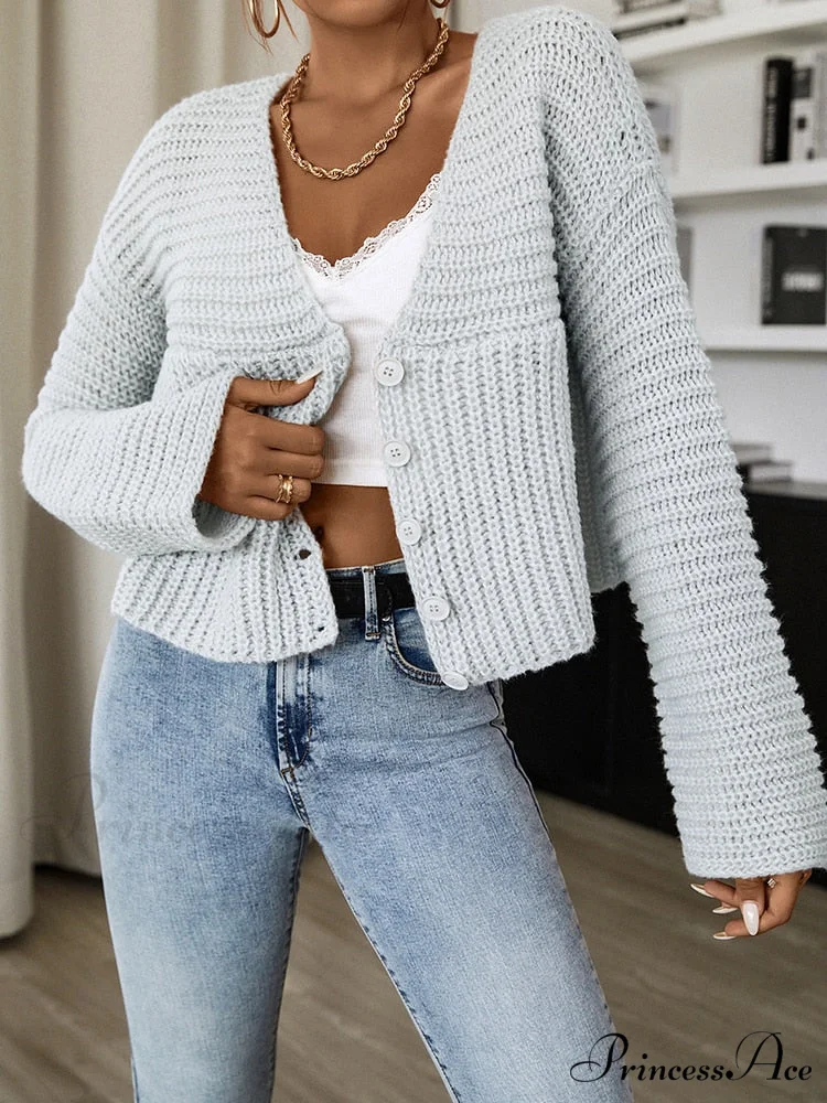 Long Sleeves V Neck Buttons Up Short Knit Open Cardigan - Image 3