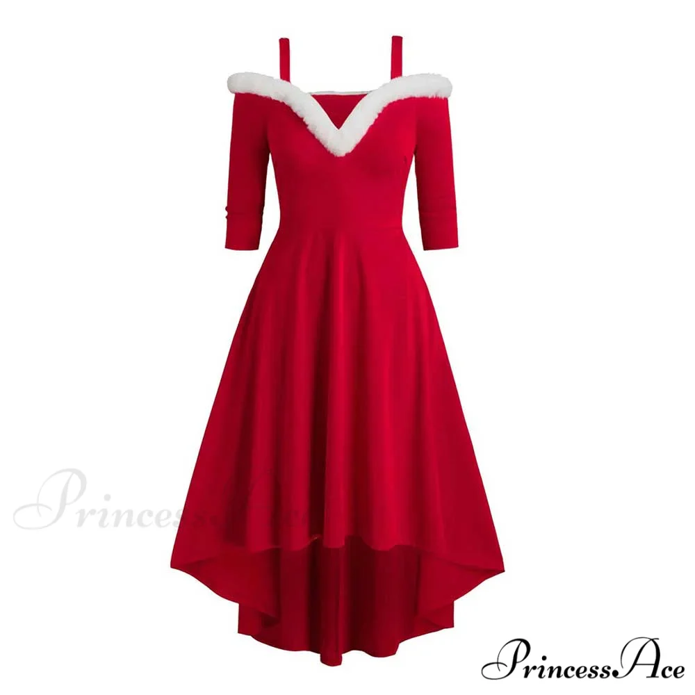Christmas Long Sleeve Faux Fur Collar Midi Party Costume - Image 3