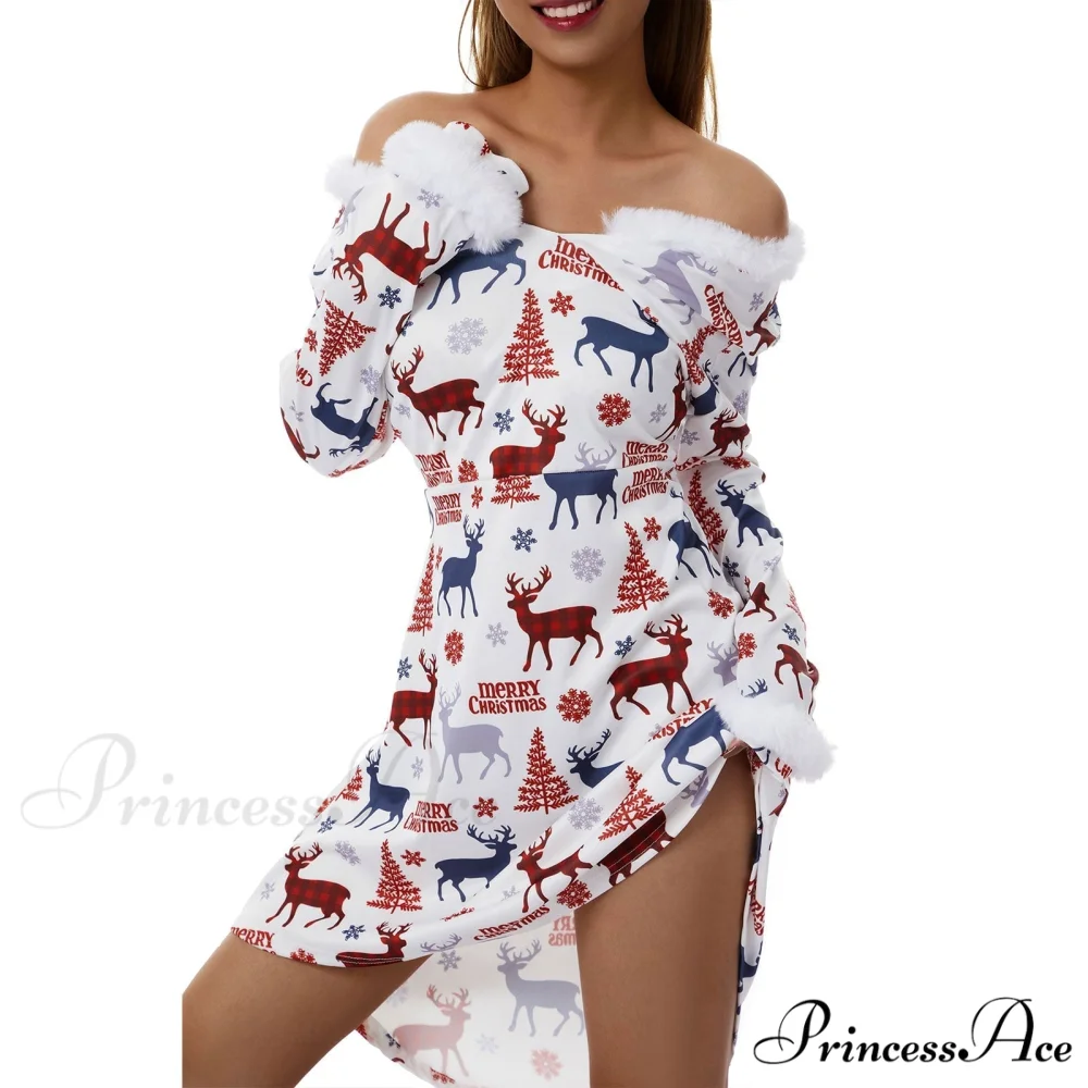 Christmas Long Sleeve Plush V Neck Casual Dresses - Image 4