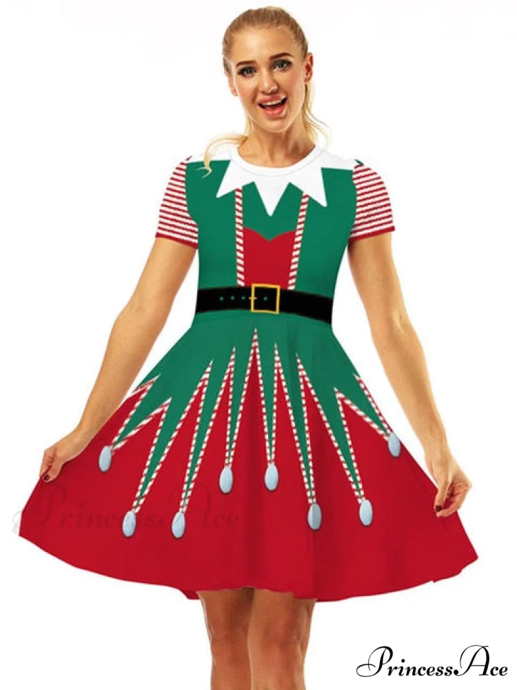 Christmas Casual Vintage O-neck Short Sleeve A-Line Vestidos - Image 4
