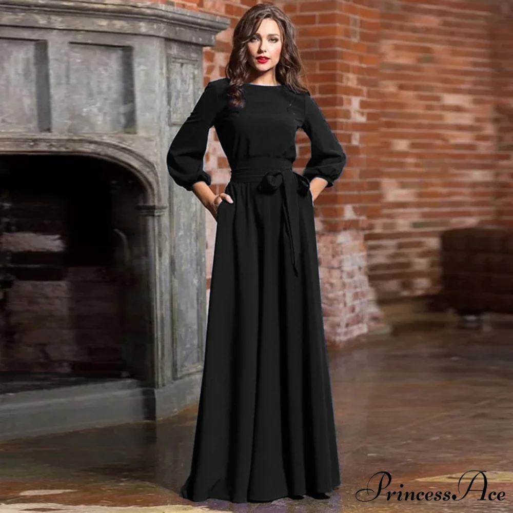 Lantern Sleeve Solid Belt Long Christmas Dress - Image 5