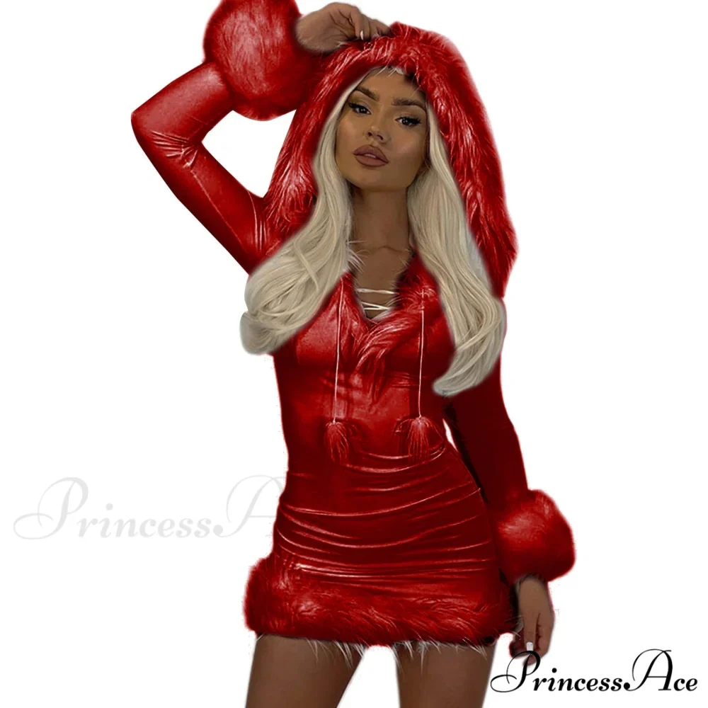 Christmas Plush Hem Splicing Frenulum V-neck Hooded Skirt - Image 3