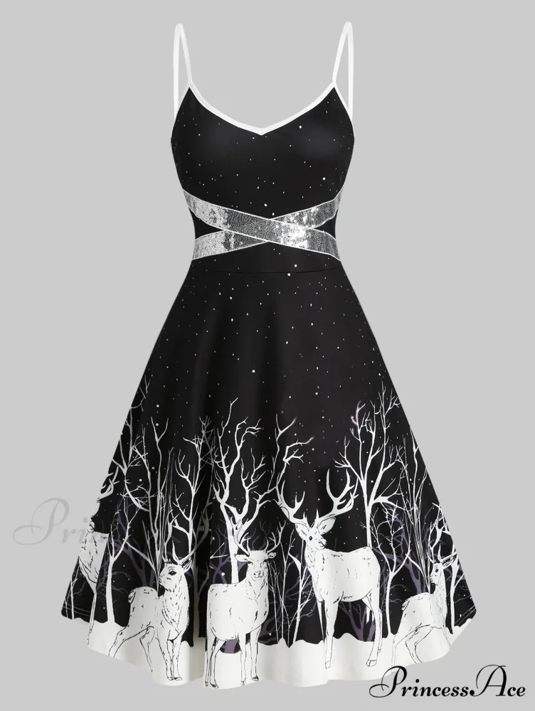 Christmas Floral Print Cold Shoulder Flounce Trim Dress - Image 2