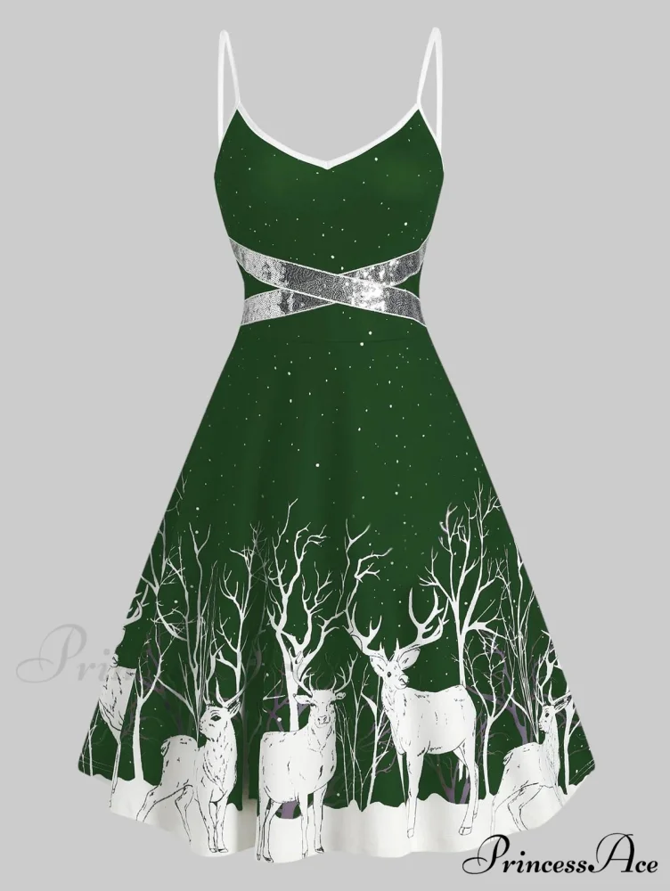 Christmas Floral Print Cold Shoulder Flounce Trim Dress - Image 3