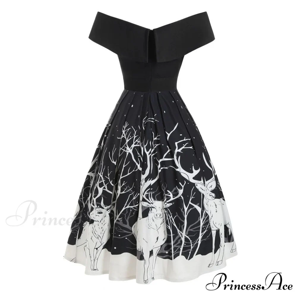 Christmas Floral Print Cold Shoulder Flounce Trim Dress - Image 4