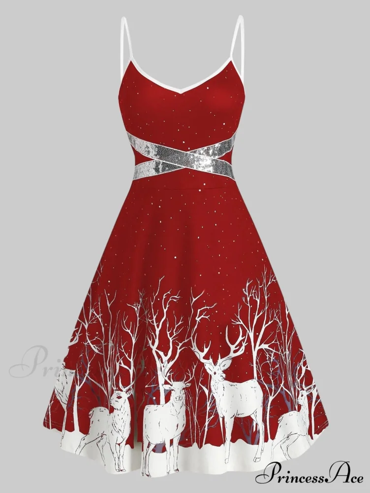 Christmas Floral Print Cold Shoulder Flounce Trim Dress - Image 7