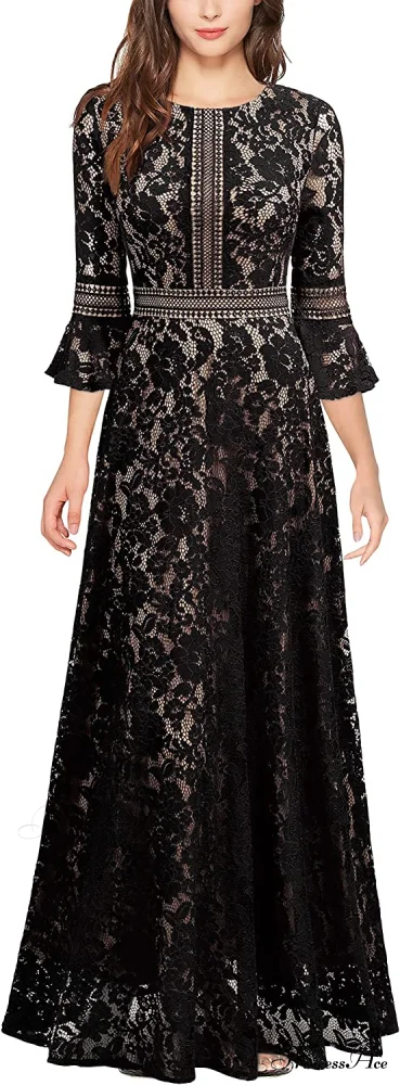 Christmas Vintage Full Lace Contrast Bell Sleeve Formal Long Dress - Image 8