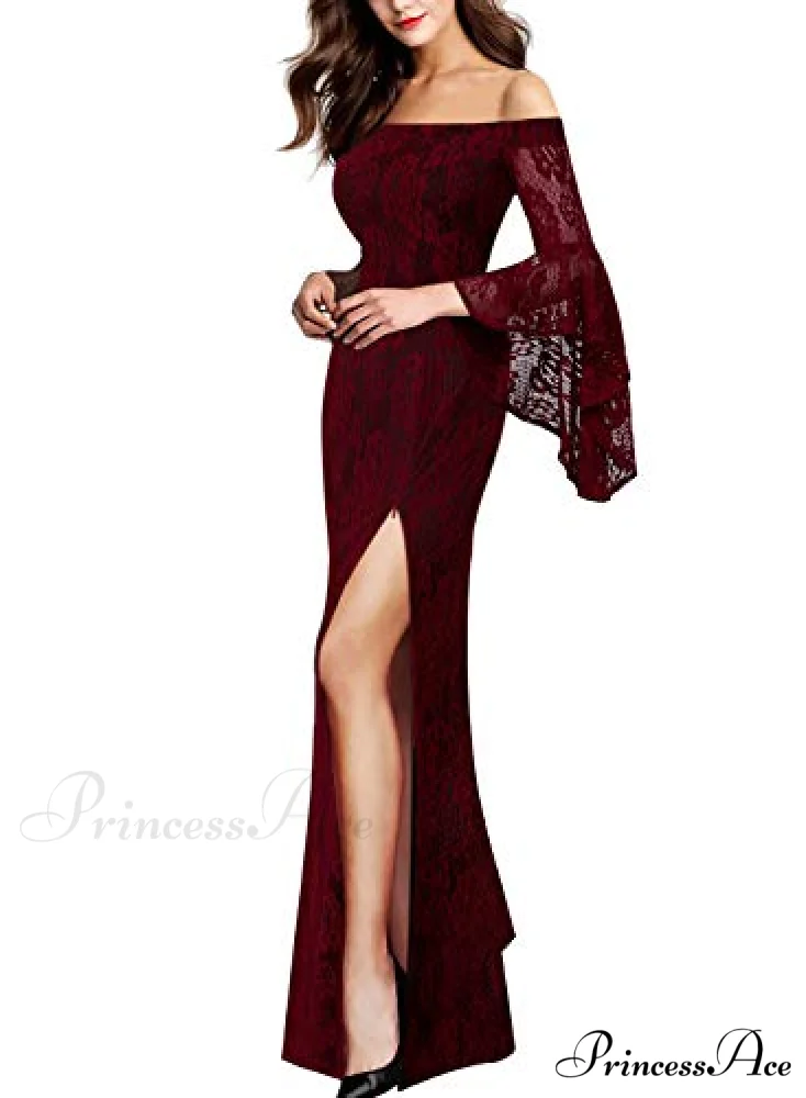 Christmas Off Shoulder Bell Sleeve Formal Evening Maxi Dress - Image 3