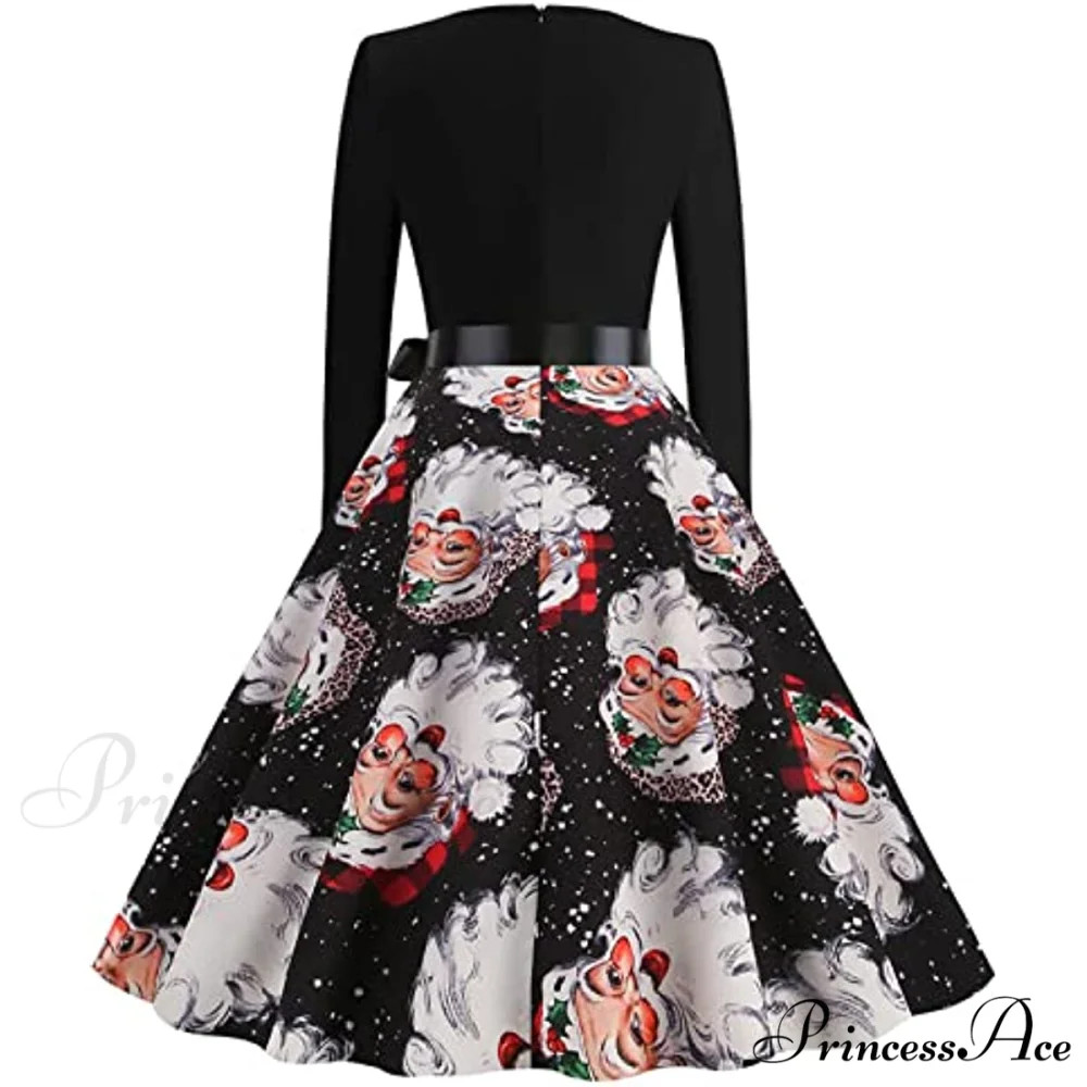 Christmas Classic Tea Long Sleeve V Neck Dresses - Image 5
