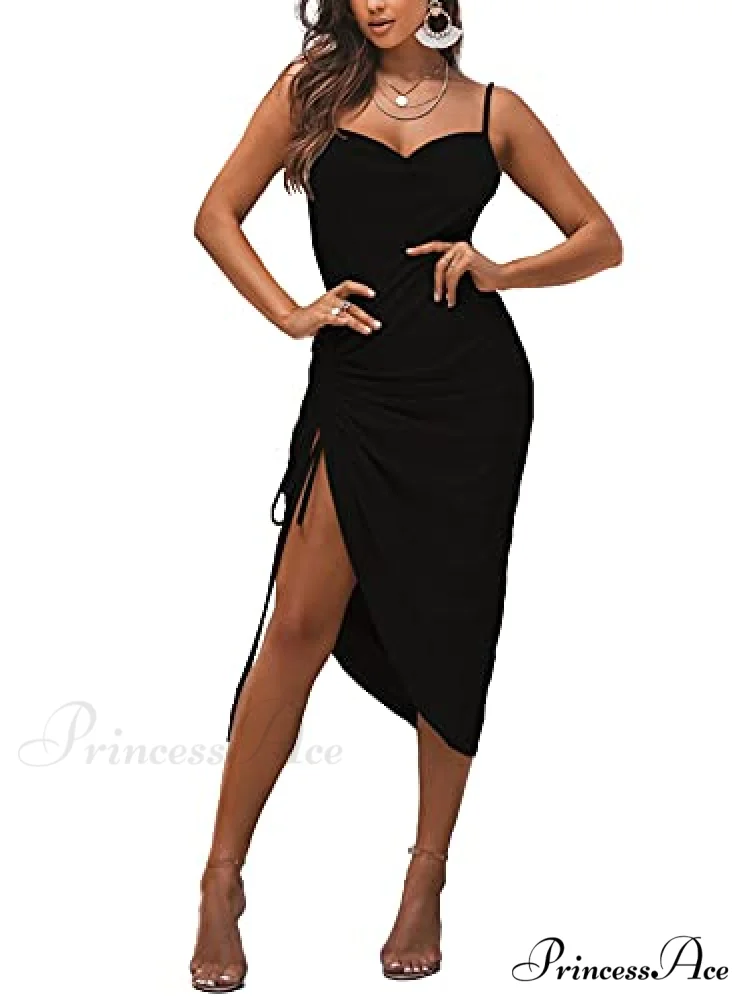 Satin Spaghetti Straps Cowl Neck Christmas Midi Dresses - Image 3
