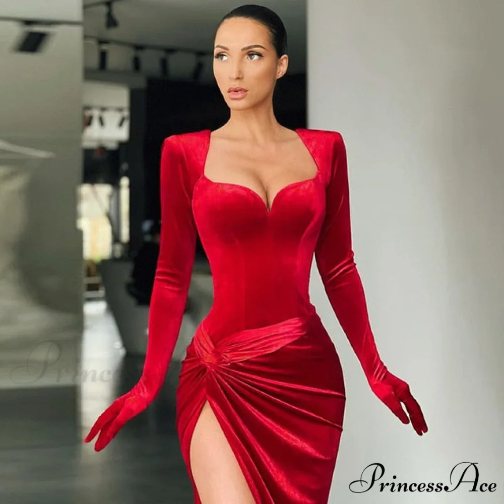 Elegant Evening Gloves Sleeve Velvet Slit Maxi Dress - Image 2