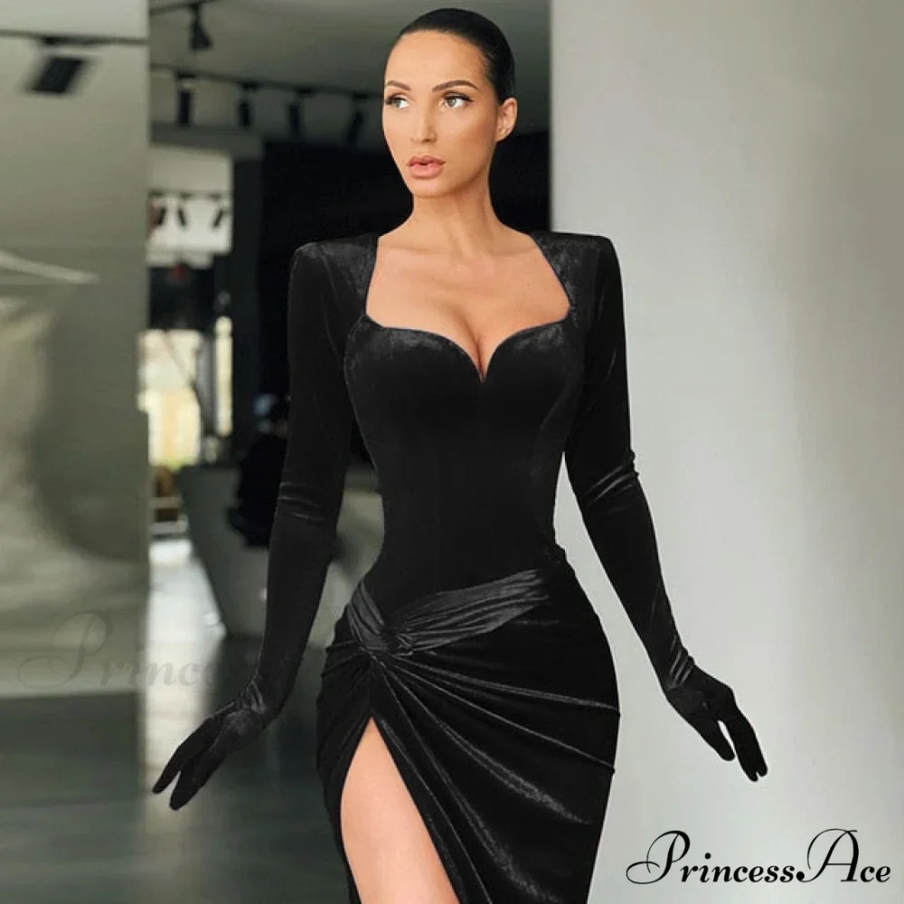Elegant Evening Gloves Sleeve Velvet Slit Maxi Dress - Image 3