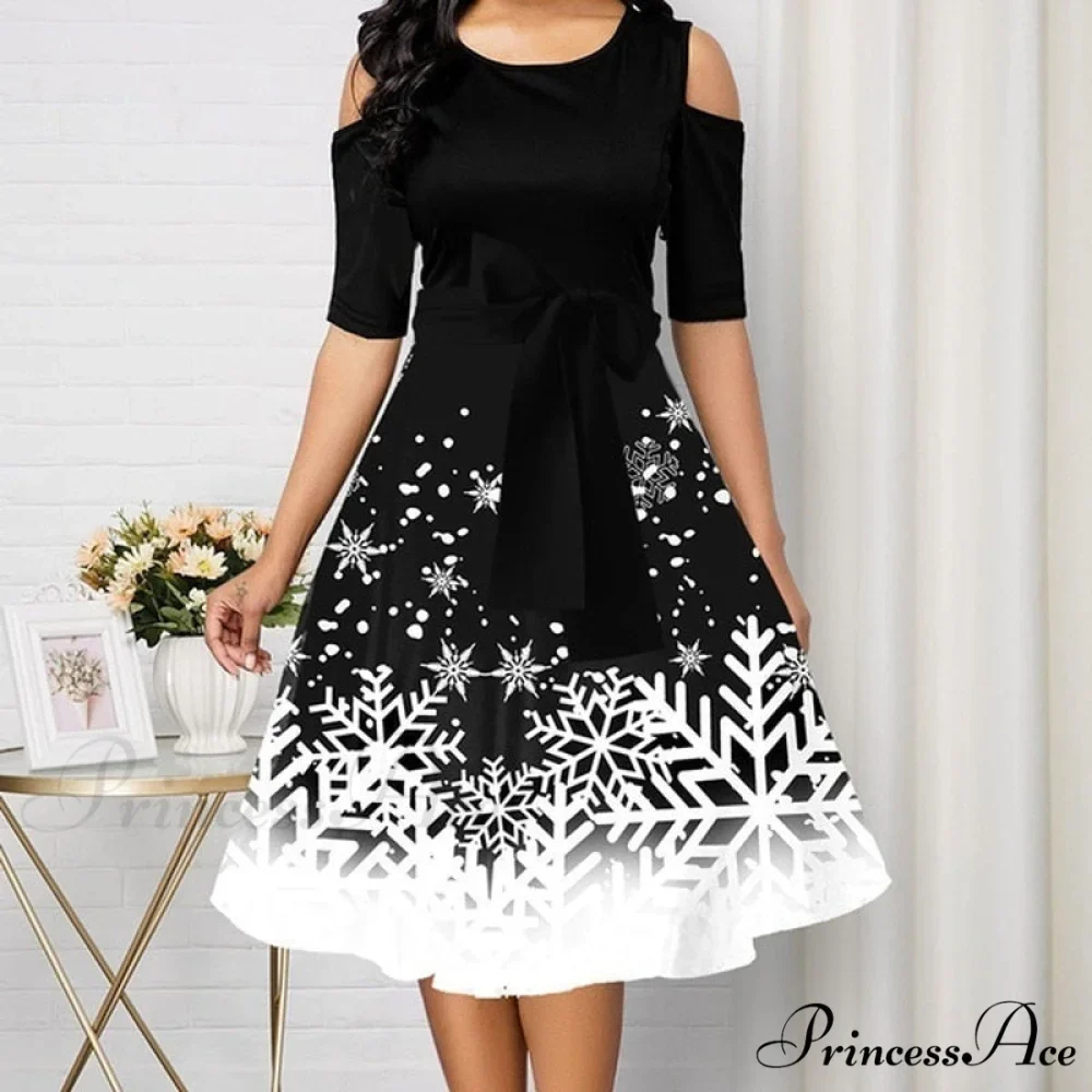 Snowflake Print Cold Shoulder Christmas Dress - Image 4