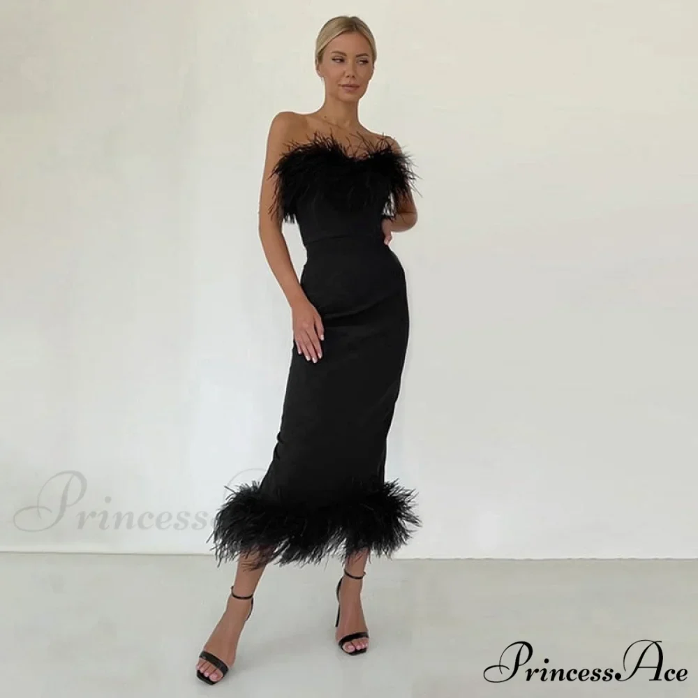 Strapless Feather Evening Sexy Corset Bodycon Midi Dress - Image 4