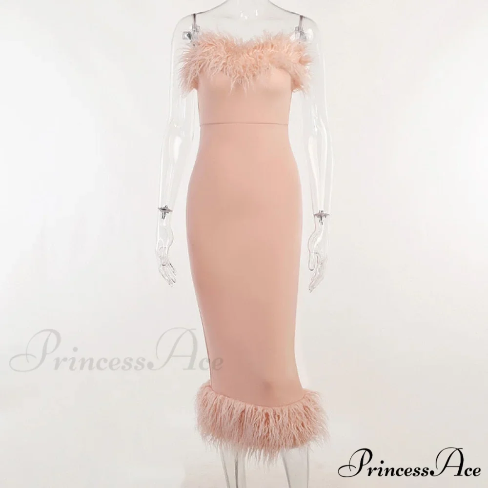 Strapless Feather Evening Sexy Corset Bodycon Midi Dress - Image 5