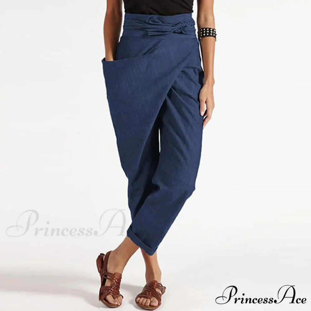 Irregular Lacing Cropped Casual Solid Color Trousers - Image 3