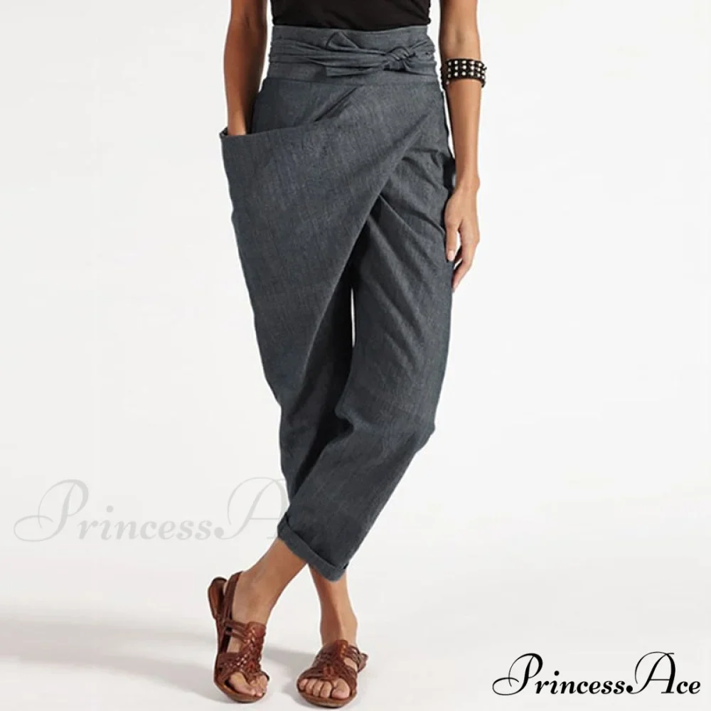 Irregular Lacing Cropped Casual Solid Color Trousers - Image 6