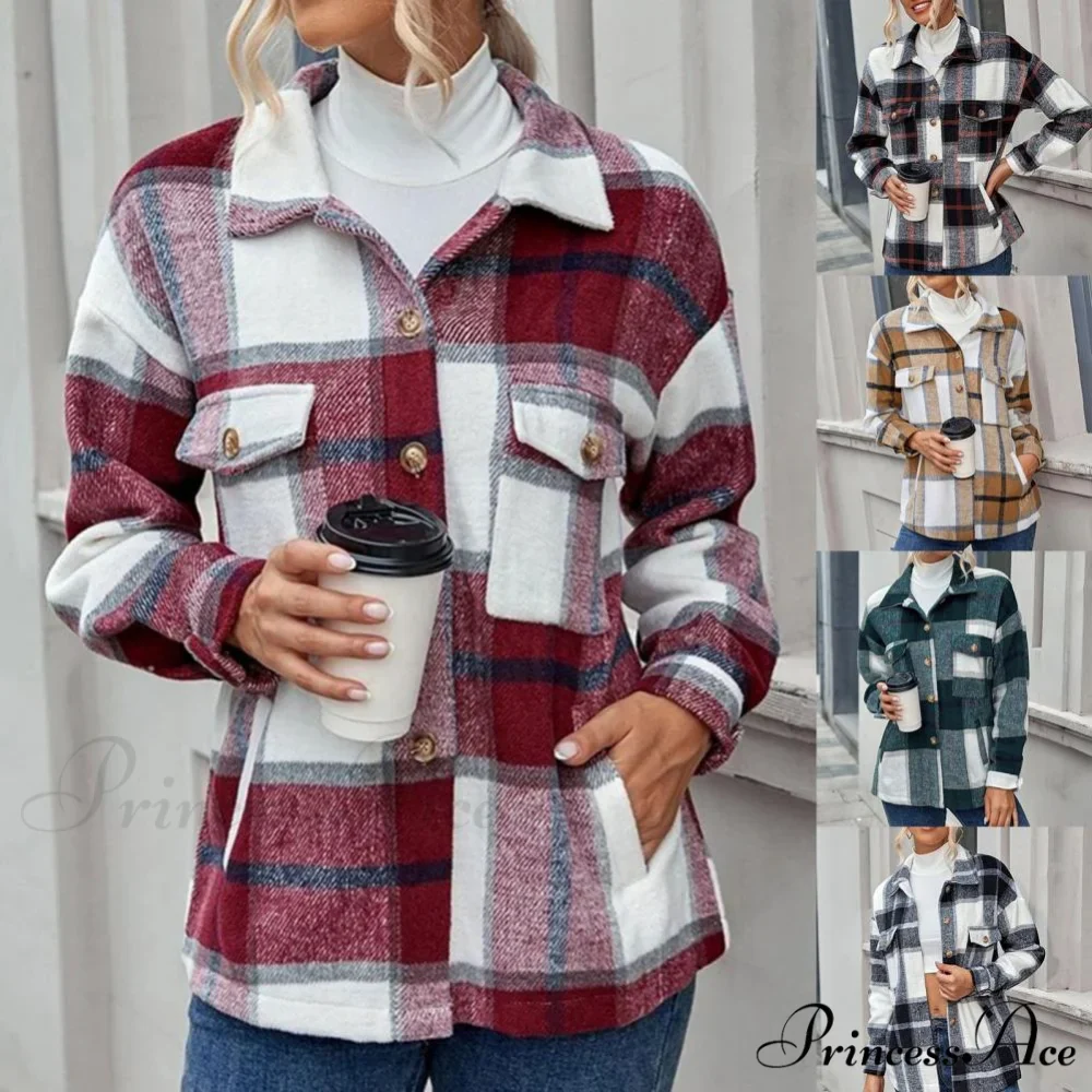 Skin-Touch Winter Thick Trendy Plaid Print Buttons Casual Coat - Image 5