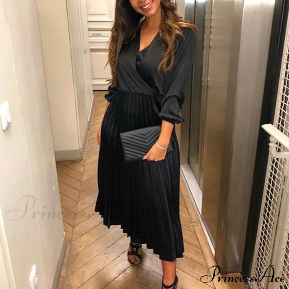 Elegant Off Shoulder V Neck Satin Pleated Midi Dress - Image 2