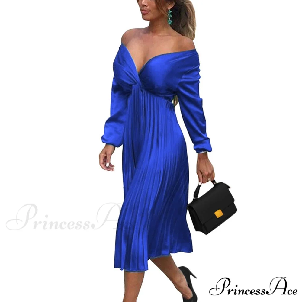 Elegant Off Shoulder V Neck Satin Pleated Midi Dress - Image 3