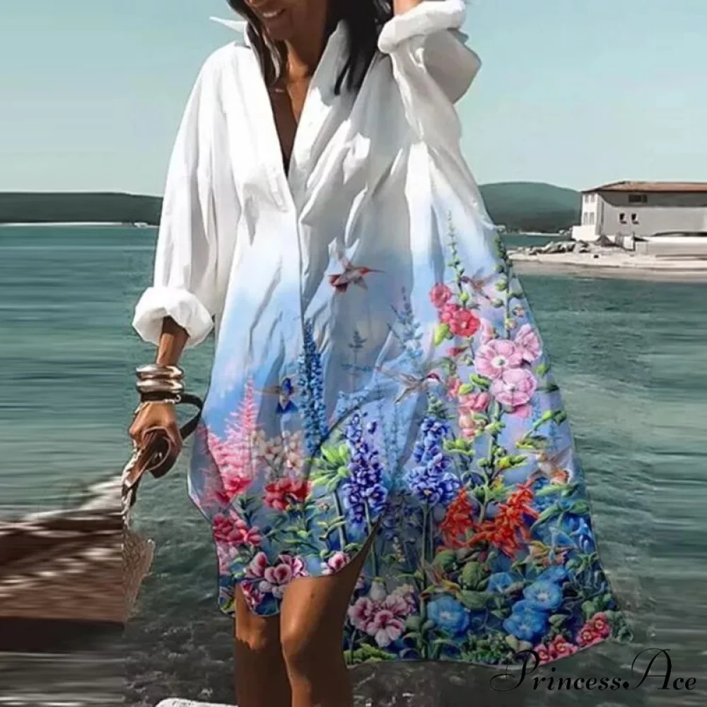 Print V-neck Long Sleeve Loose Dress - Image 10