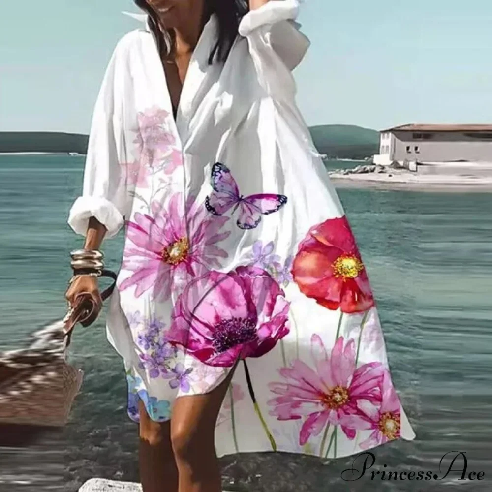 Print V-neck Long Sleeve Loose Dress - Image 11