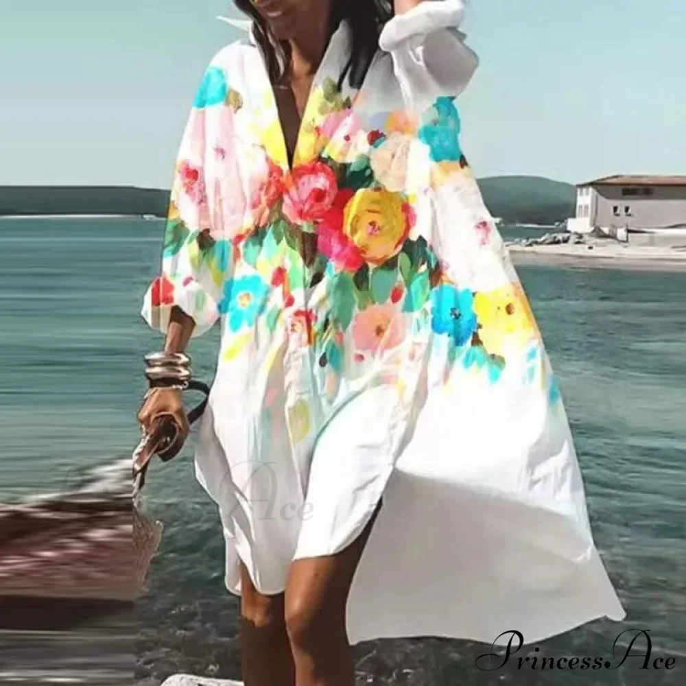 Print V-neck Long Sleeve Loose Dress - Image 14