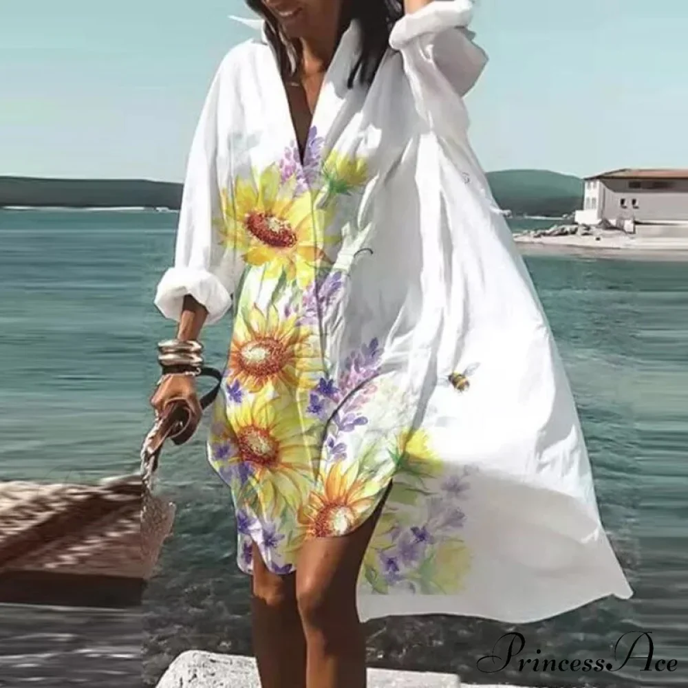Print V-neck Long Sleeve Loose Dress - Image 16