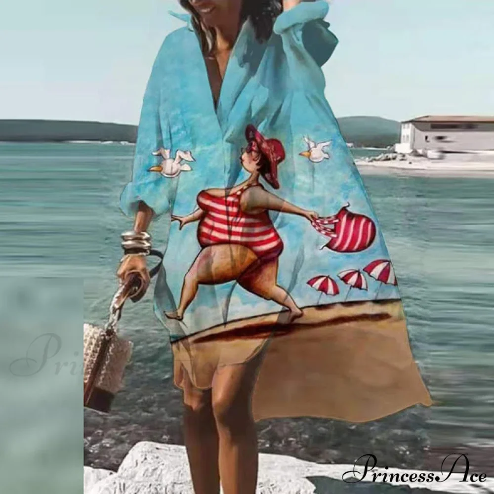 Print V-neck Long Sleeve Loose Dress - Image 2