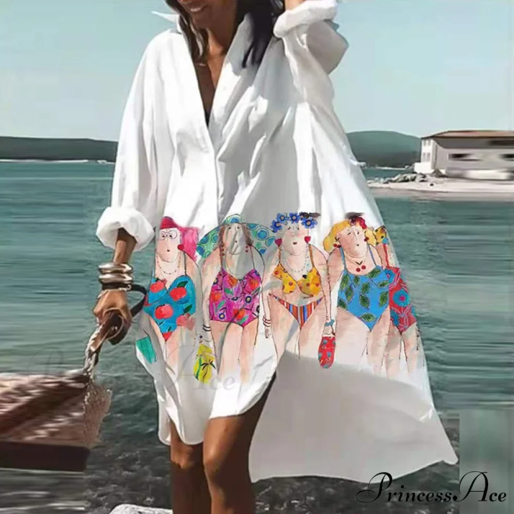 Print V-neck Long Sleeve Loose Dress - Image 7