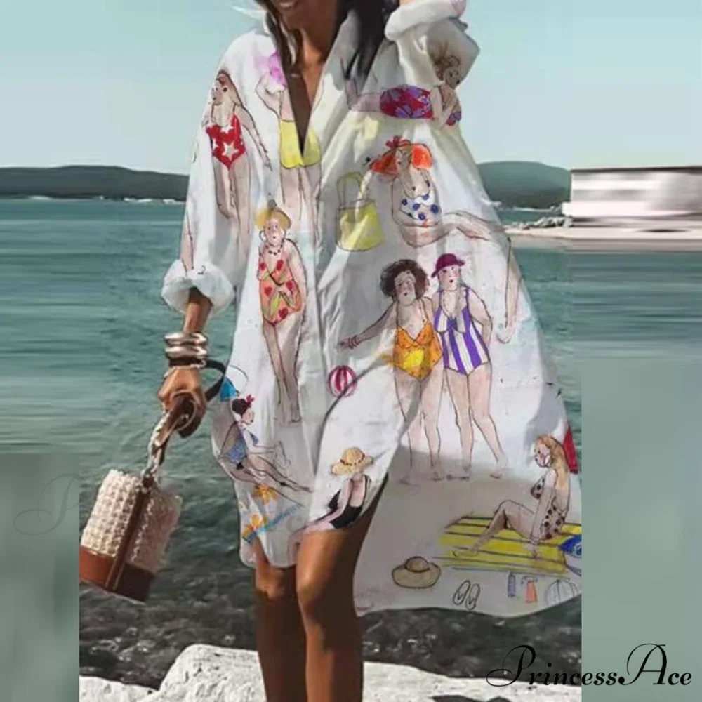 Print V-neck Long Sleeve Loose Dress - Image 8