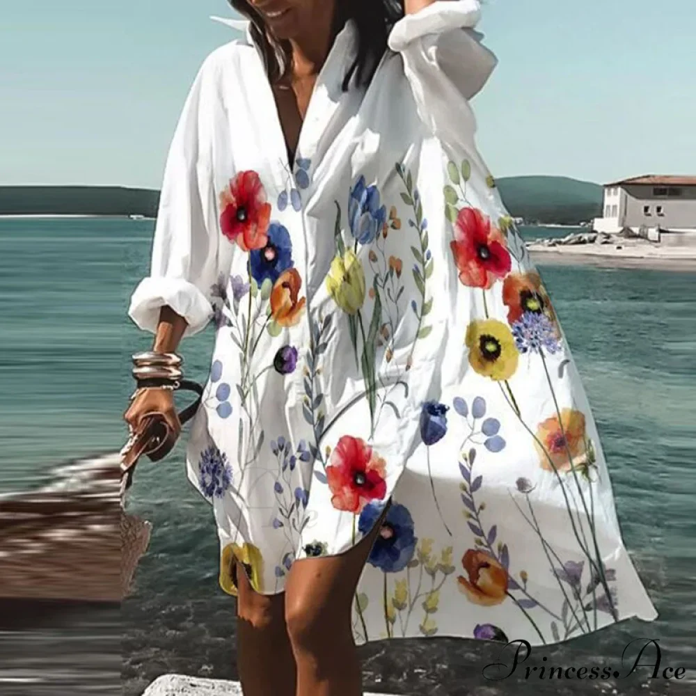 Print V-neck Long Sleeve Loose Dress - Image 9