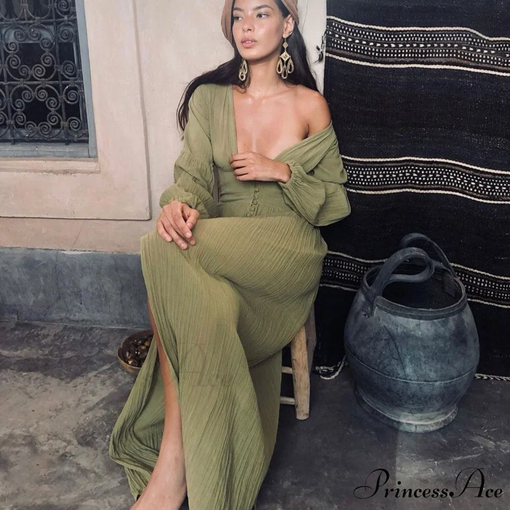 Romance V Neck Single-breasted Long Sleeve Maxi Dress - Image 3