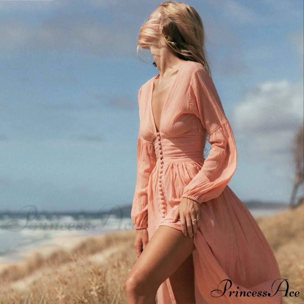 Romance V Neck Single-breasted Long Sleeve Maxi Dress - Image 4