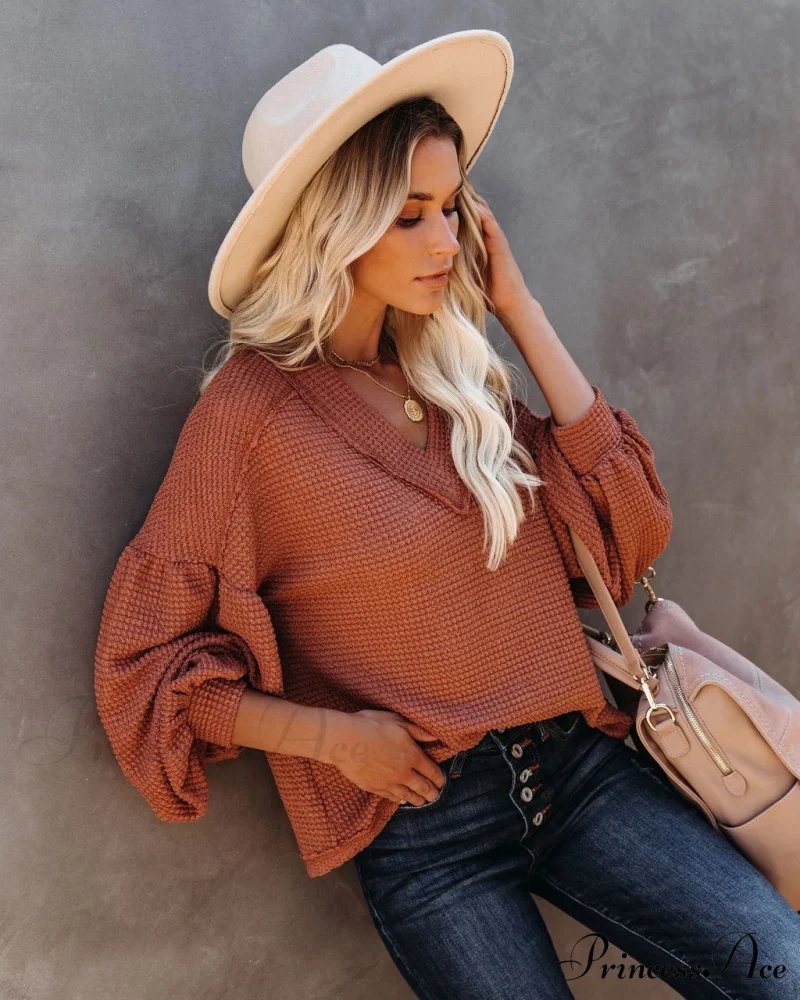 Autumn Knit V-Neck Long Lantern Sleeve Casual Sweater - Image 11