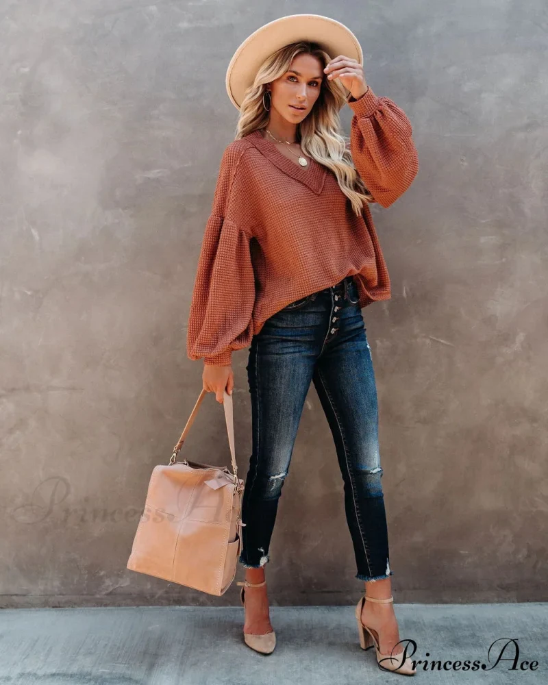 Autumn Knit V-Neck Long Lantern Sleeve Casual Sweater - Image 12