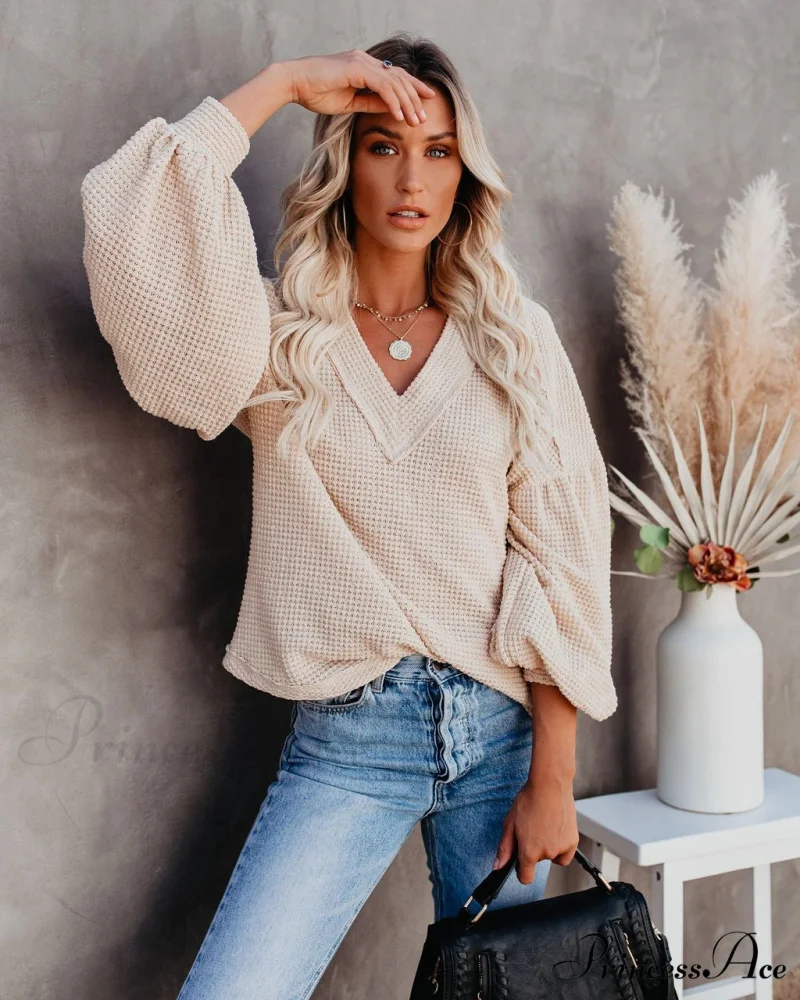 Autumn Knit V-Neck Long Lantern Sleeve Casual Sweater - Image 14