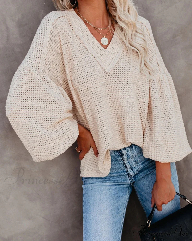 Autumn Knit V-Neck Long Lantern Sleeve Casual Sweater - Image 17
