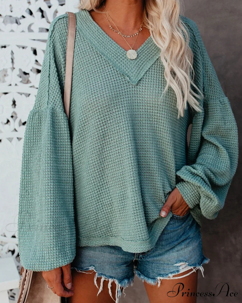 Autumn Knit V-Neck Long Lantern Sleeve Casual Sweater - Image 19