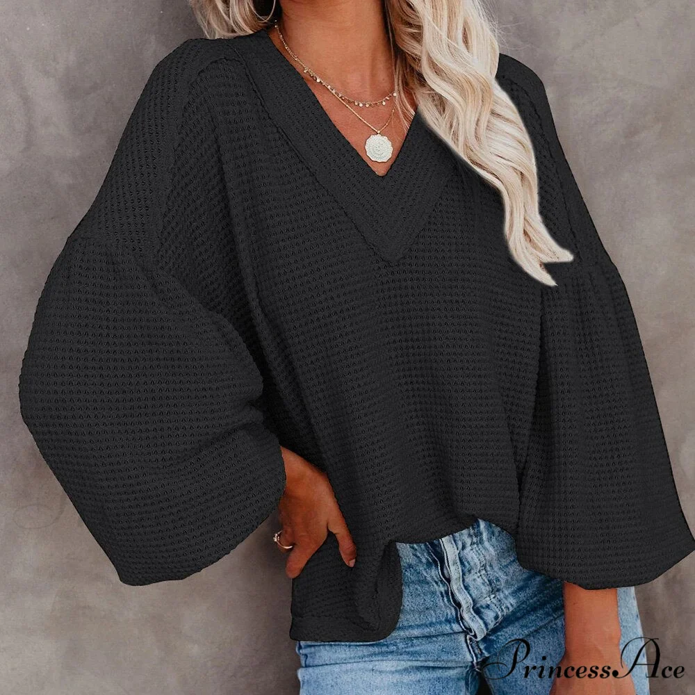 Autumn Knit V-Neck Long Lantern Sleeve Casual Sweater - Image 2