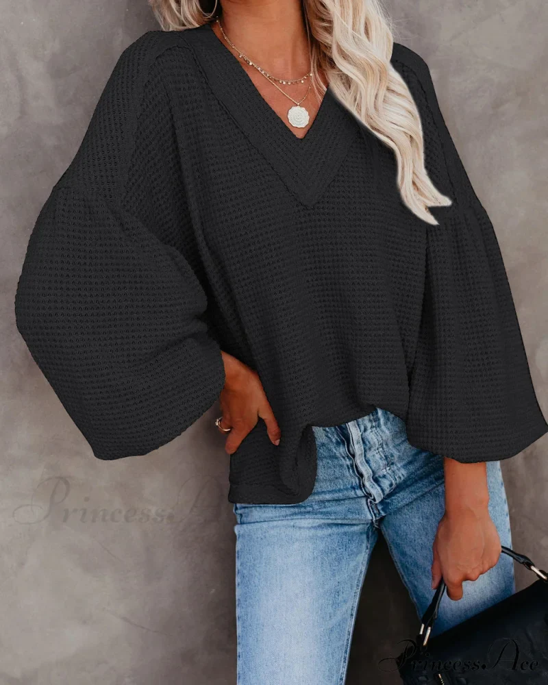 Autumn Knit V-Neck Long Lantern Sleeve Casual Sweater - Image 25