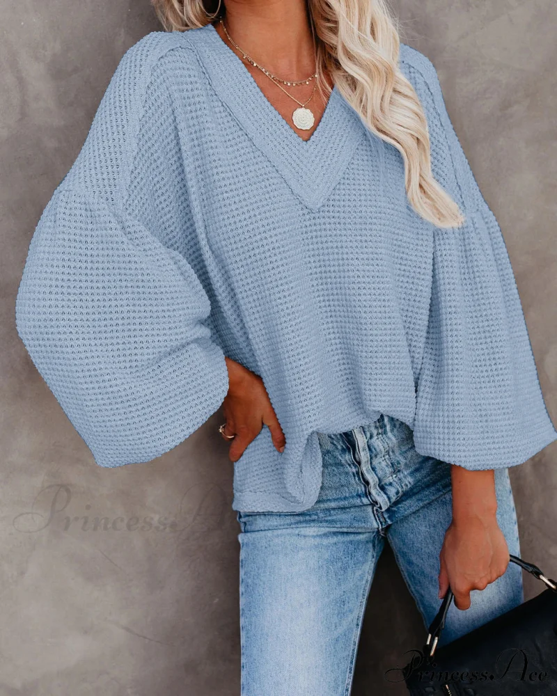 Autumn Knit V-Neck Long Lantern Sleeve Casual Sweater - Image 30