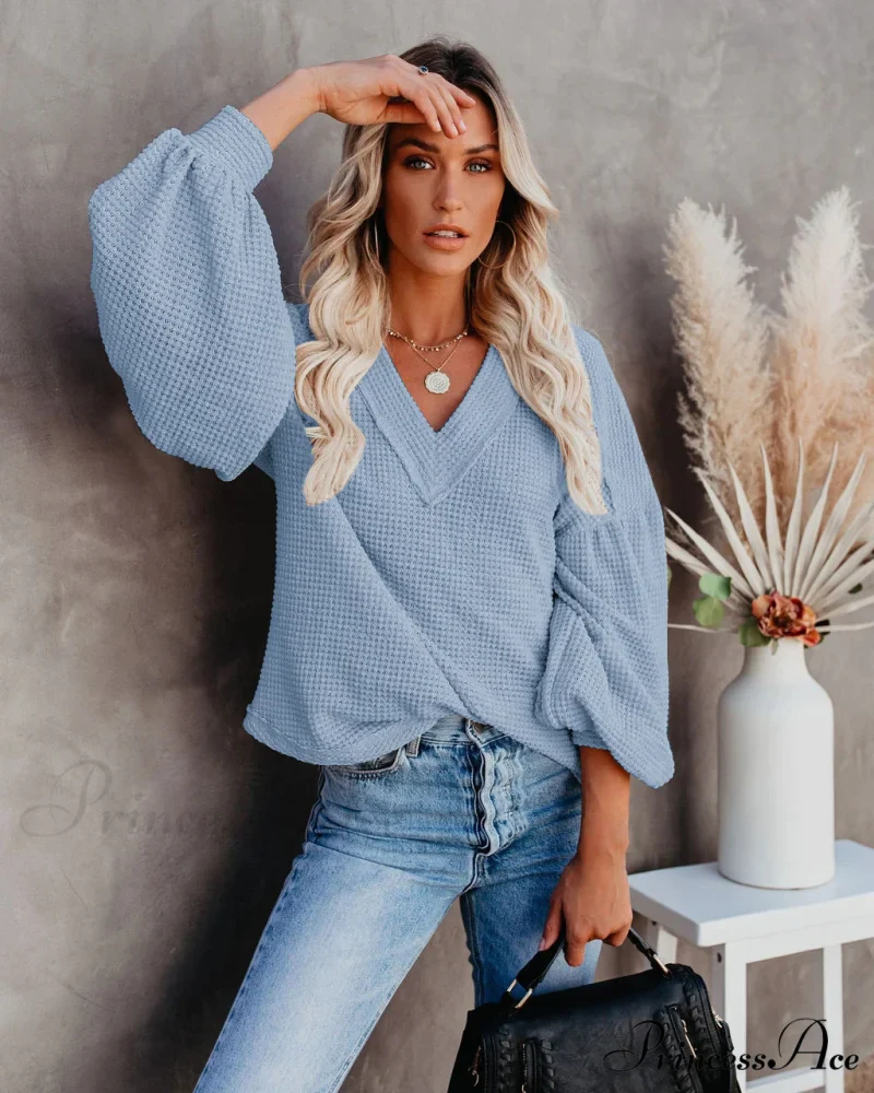 Autumn Knit V-Neck Long Lantern Sleeve Casual Sweater - Image 31