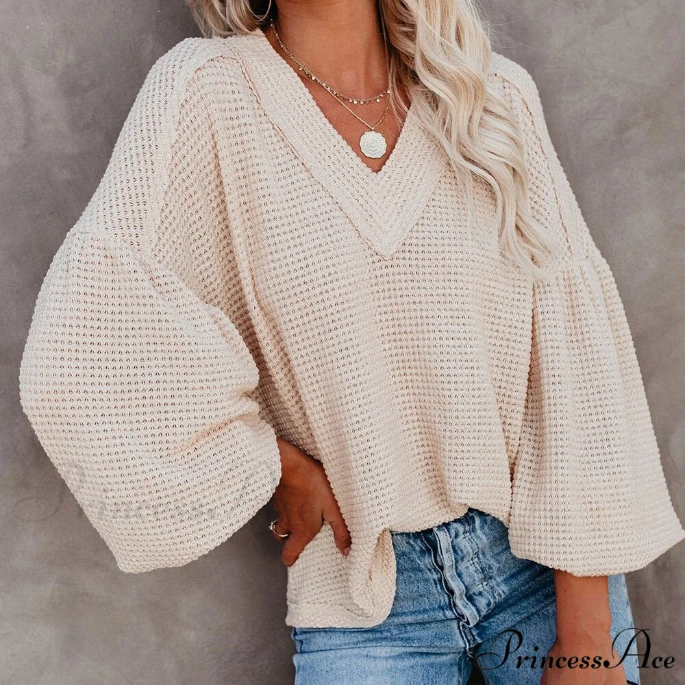 Autumn Knit V-Neck Long Lantern Sleeve Casual Sweater - Image 5