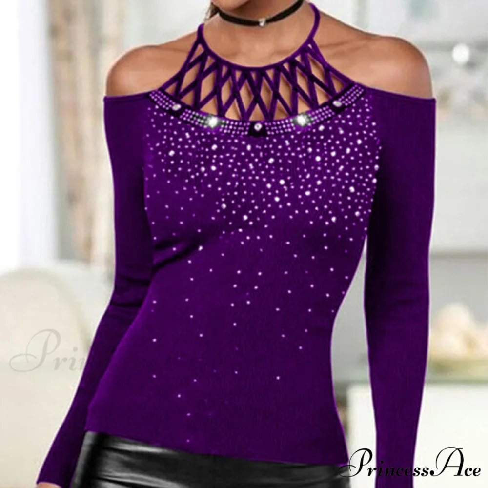 Plus Size Halter Sequins Off The Shoulder Long Sleeve T-shirt - Image 3