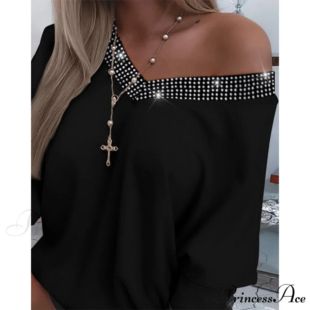 Oversized Y2K Rhinestone V-Neck Long Sleeve Casual Tee - Image 2