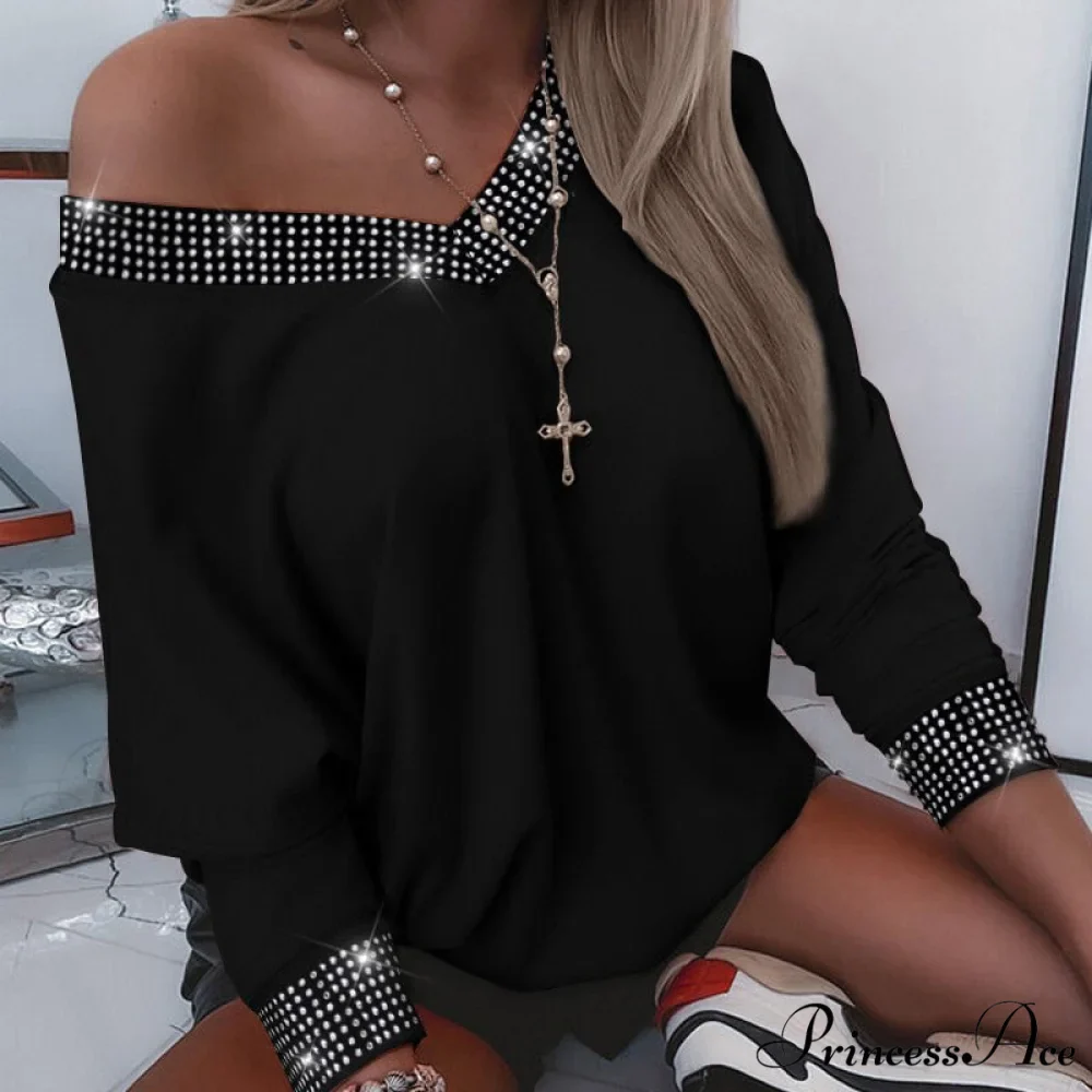 Oversized Y2K Rhinestone V-Neck Long Sleeve Casual Tee - Image 3
