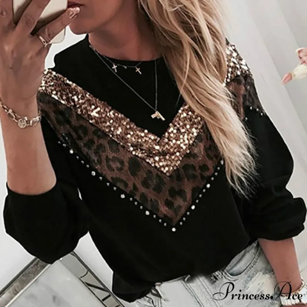 Leopard Printed Long Sleeve Casual Slim O-Neck Pullover - Image 2